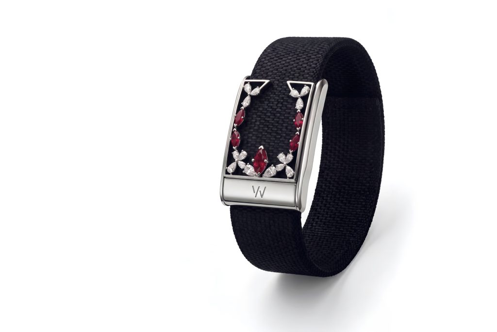 Kate Valerio Custom Whoop Fine Jewelry Jacket, Natural Rubies and Diamonds, 18k white gold